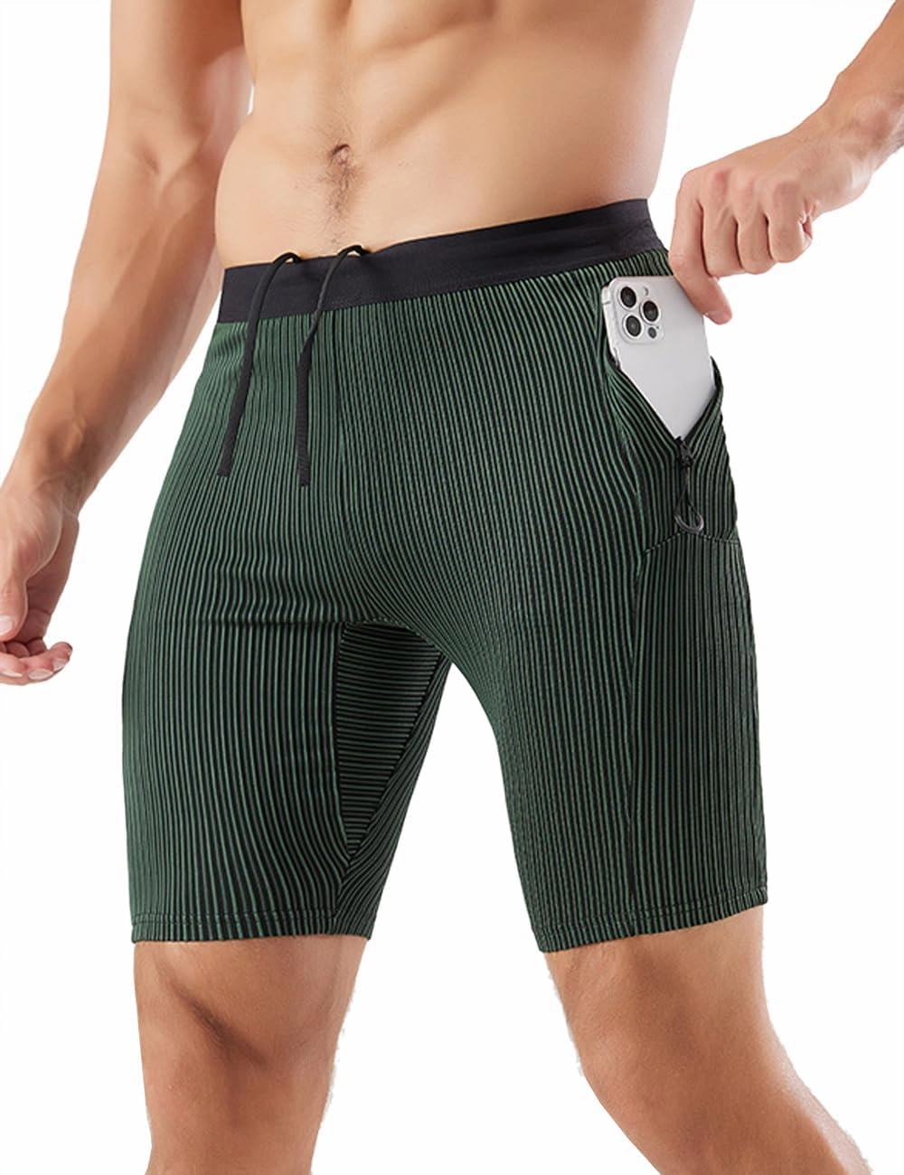 MIZOK Men's Stripe Performance Compression Workout Shorts Tight Gym Athletic Shorts with Pockets