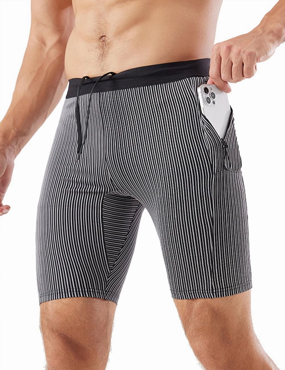 MIZOK Men's Stripe Performance Compression Workout Shorts Tight Gym Athletic Shorts with Pockets