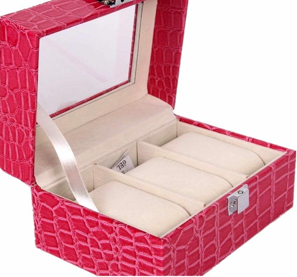 Modern Watch Box Leather Watch Storage Display Box Watch Box Metal Buckle 3-Slot Gift for lovers(Rose red)