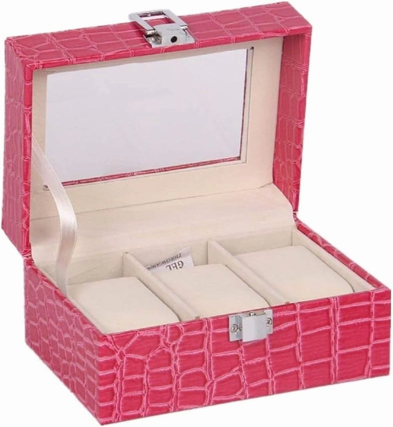 Modern Watch Box Leather Watch Storage Display Box Watch Box Metal Buckle 3-Slot Gift for lovers(Rose red)