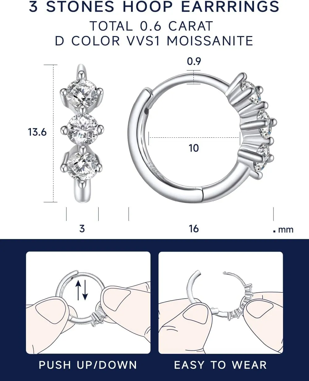 MomentWish Hoop Earrings for Women, Moissanite Jewerly Gifts for Her Anniversary Birthday, D Color VVS1 Simulated Diamond 925 Sterling Silver Drop Earrings
