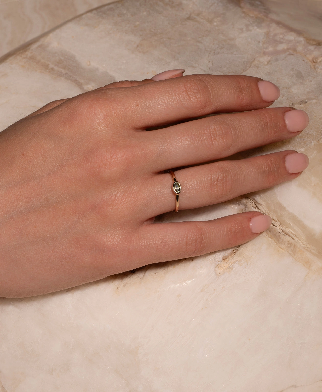 Mon Petit Stacker Ring - 9k Yellow Gold, Oval Cut Green Sapphire