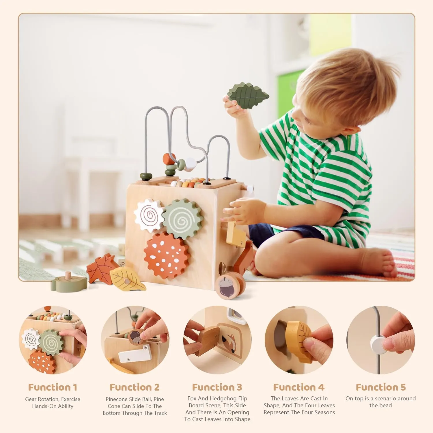 Montessori Baby Activity Cube for Toddlers: Large 5-in-1 Wooden Activity Center with Shape Sorter Bead Maze, Educational Abacus Learning Toy for Kids, Sorting & Stacking Board for Boys Girls