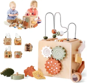 Montessori Baby Activity Cube for Toddlers: Large 5-in-1 Wooden Activity Center with Shape Sorter Bead Maze, Educational Abacus Learning Toy for Kids, Sorting & Stacking Board for Boys Girls