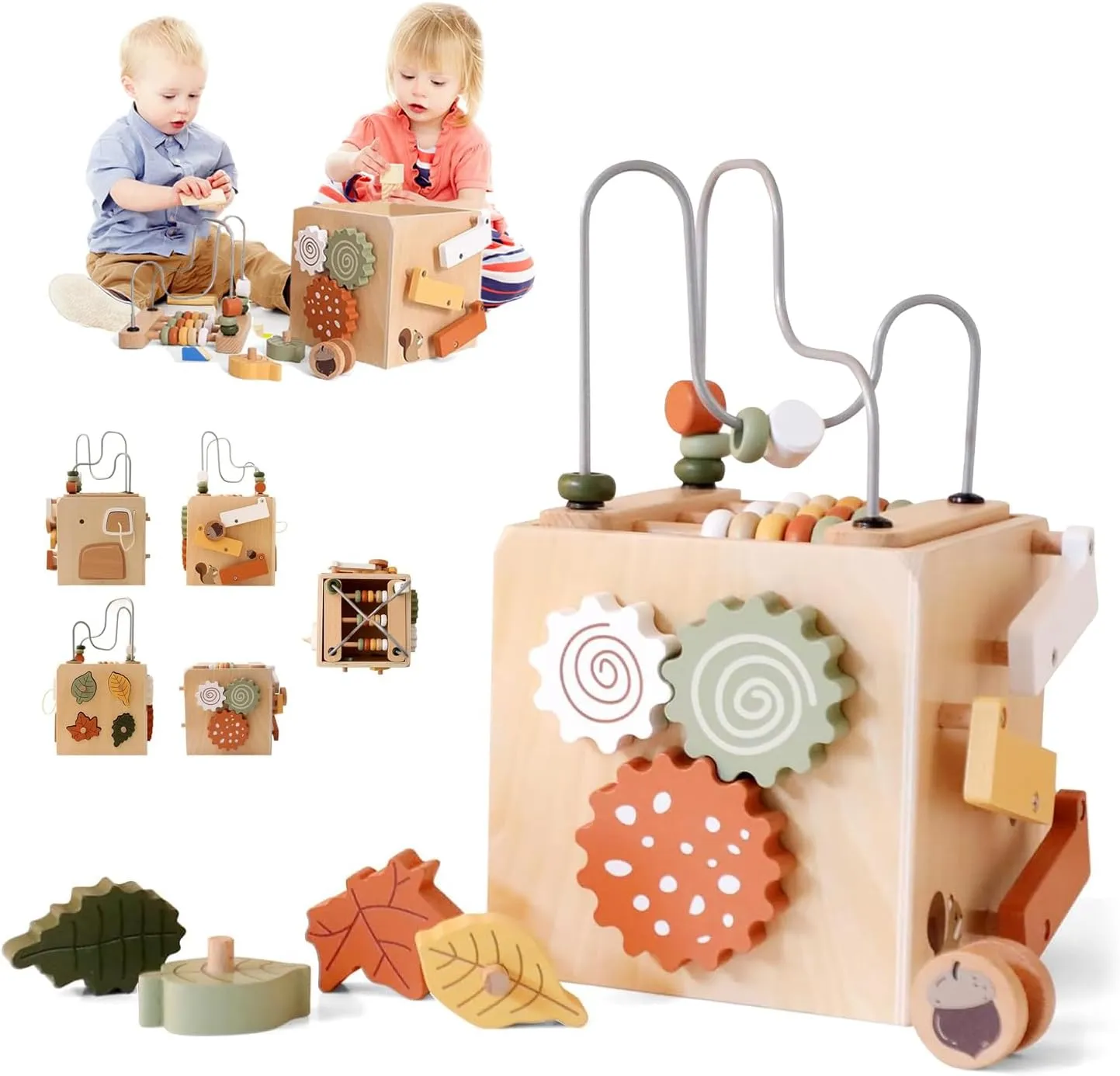 Montessori Baby Activity Cube for Toddlers: Large 5-in-1 Wooden Activity Center with Shape Sorter Bead Maze, Educational Abacus Learning Toy for Kids, Sorting & Stacking Board for Boys Girls