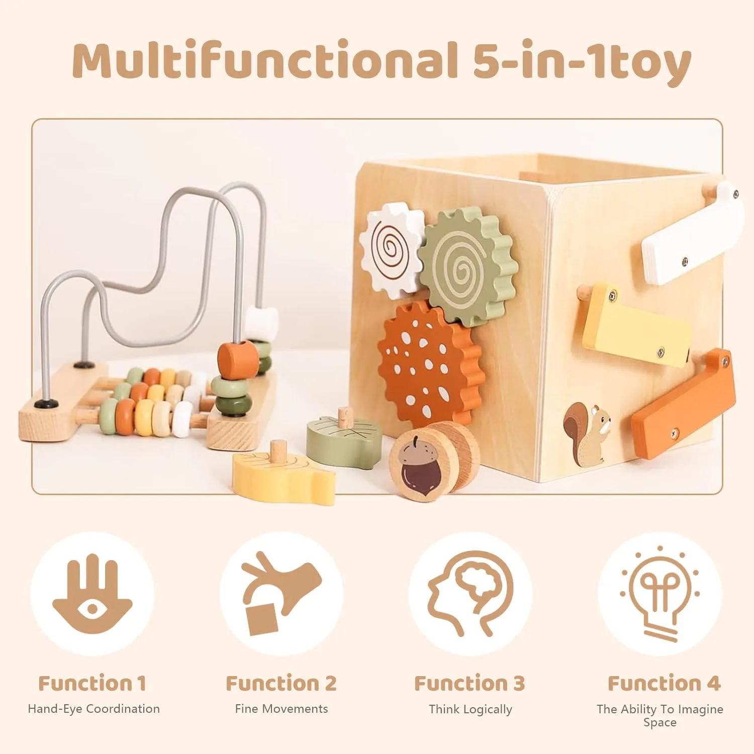 Montessori Baby Activity Cube for Toddlers: Large 5-in-1 Wooden Activity Center with Shape Sorter Bead Maze, Educational Abacus Learning Toy for Kids, Sorting & Stacking Board for Boys Girls