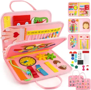 Montessori Busy Board Toys, Sensory Board for Toddlers 1-3, Travel Felt Book for Airplane Car, Activity Mat for Learning Fine Motor Skills, Suits Boys Girls Birthday Gifts Pink/P2