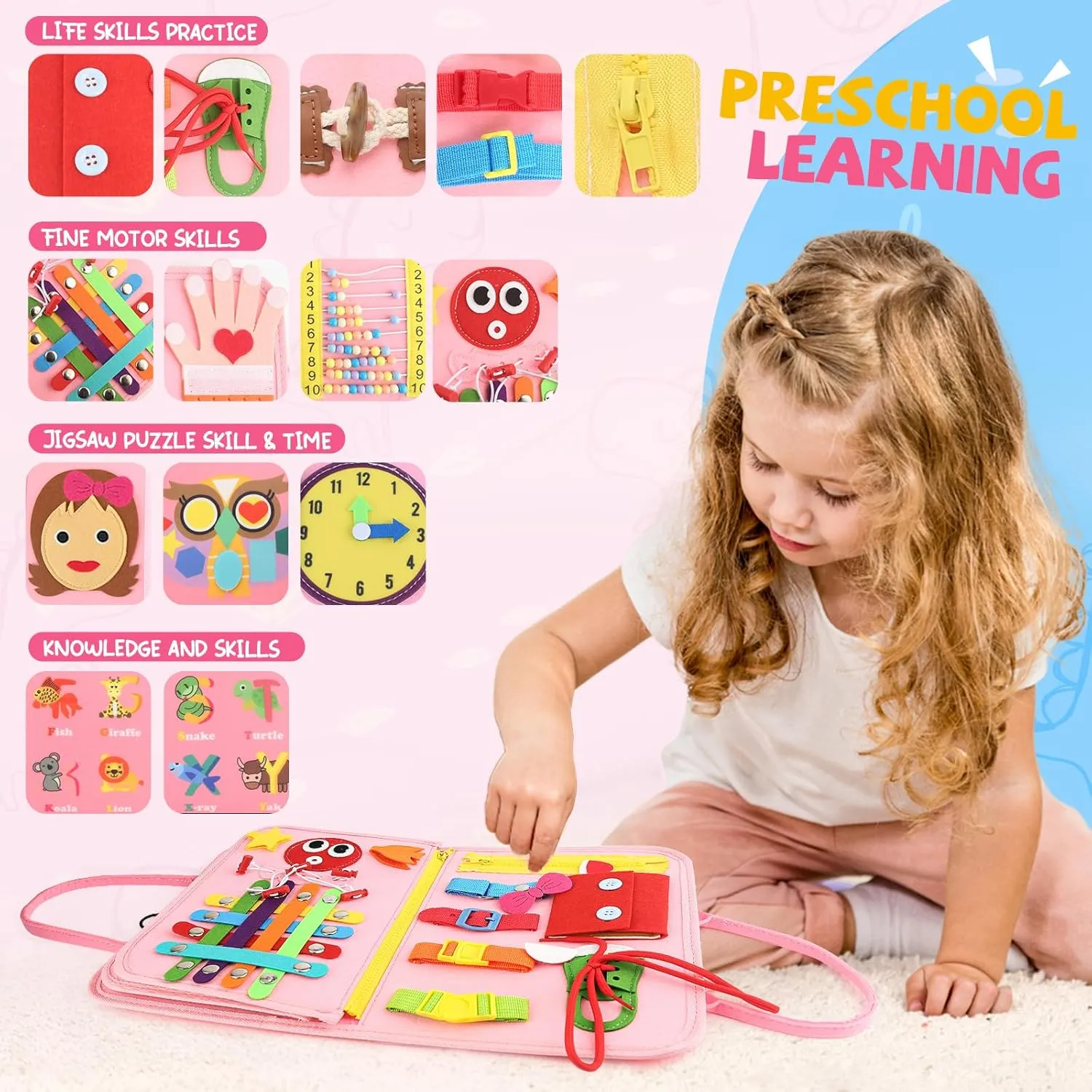 Montessori Busy Board Toys, Sensory Board for Toddlers 1-3, Travel Felt Book for Airplane Car, Activity Mat for Learning Fine Motor Skills, Suits Boys Girls Birthday Gifts Pink/P2