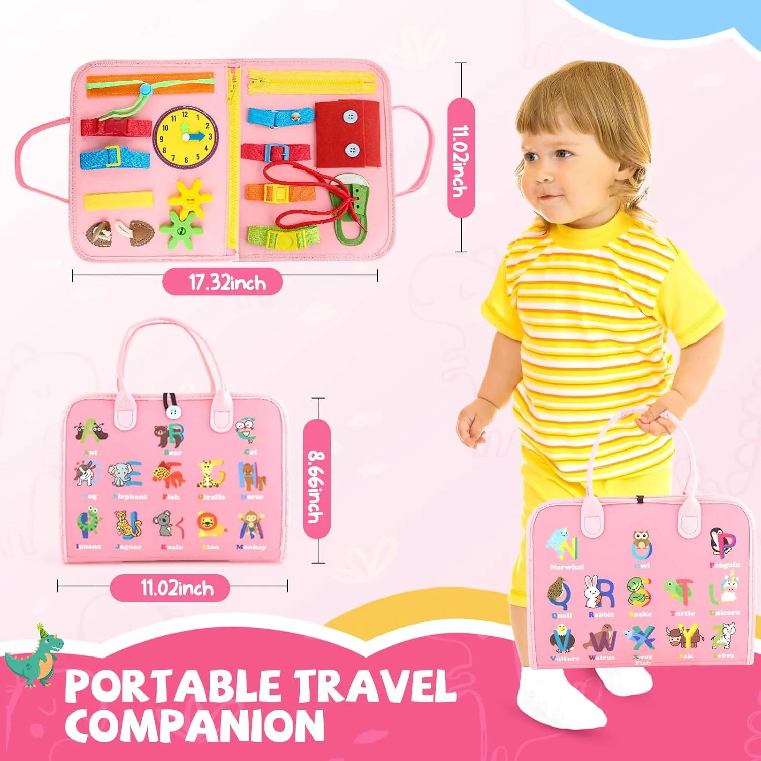 Montessori Busy Board Toys, Sensory Board for Toddlers 1-3, Travel Felt Book for Airplane Car, Activity Mat for Learning Fine Motor Skills, Suits Boys Girls Birthday Gifts Pink/P2