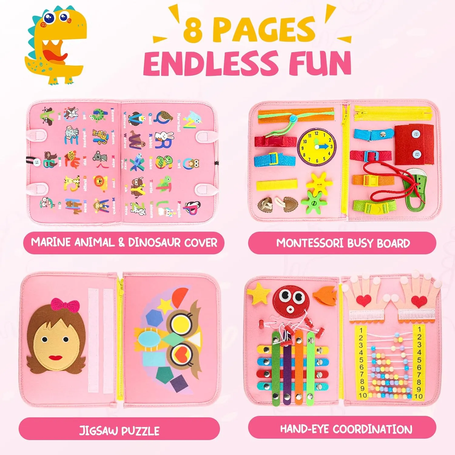 Montessori Busy Board Toys, Sensory Board for Toddlers 1-3, Travel Felt Book for Airplane Car, Activity Mat for Learning Fine Motor Skills, Suits Boys Girls Birthday Gifts Pink/P2