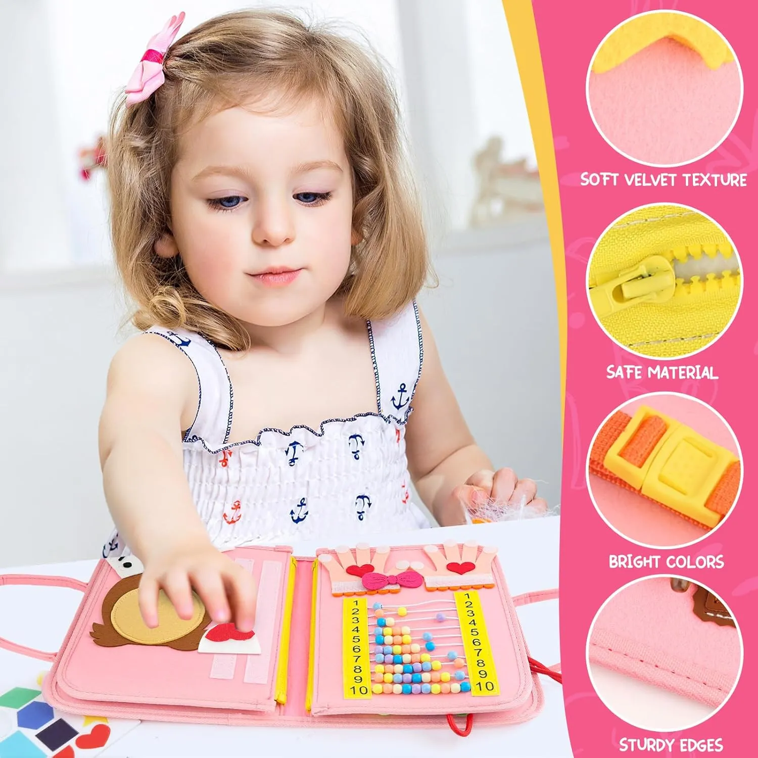 Montessori Busy Board Toys, Sensory Board for Toddlers 1-3, Travel Felt Book for Airplane Car, Activity Mat for Learning Fine Motor Skills, Suits Boys Girls Birthday Gifts Pink/P2