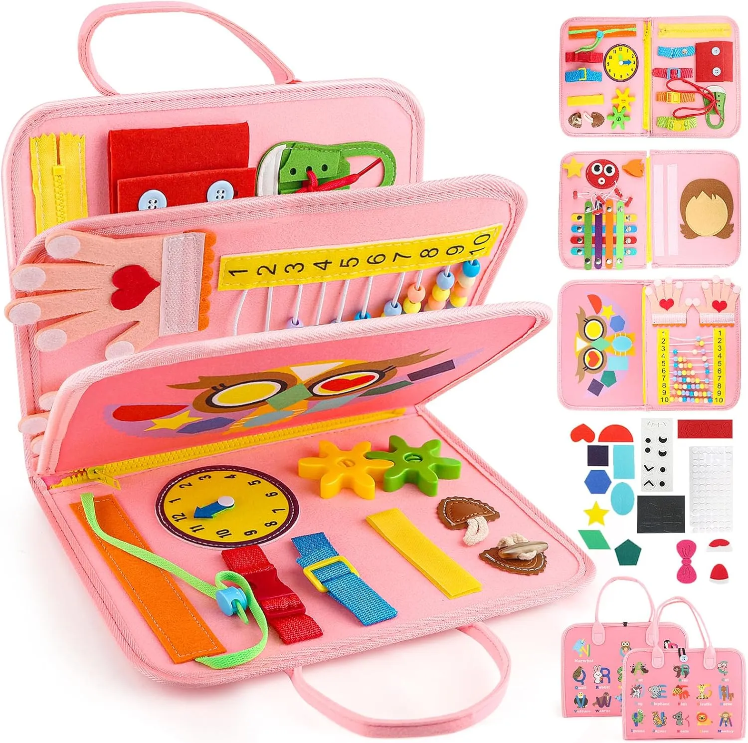Montessori Busy Board Toys, Sensory Board for Toddlers 1-3, Travel Felt Book for Airplane Car, Activity Mat for Learning Fine Motor Skills, Suits Boys Girls Birthday Gifts Pink/P2