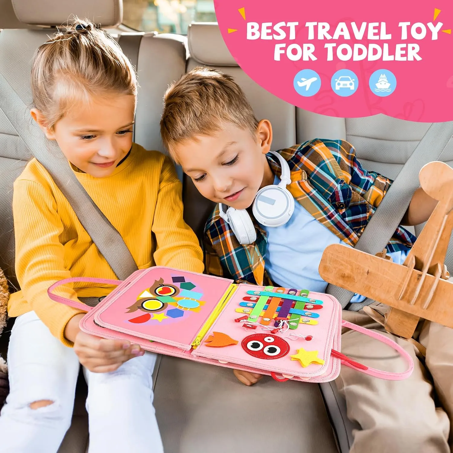 Montessori Busy Board Toys, Sensory Board for Toddlers 1-3, Travel Felt Book for Airplane Car, Activity Mat for Learning Fine Motor Skills, Suits Boys Girls Birthday Gifts Pink/P2
