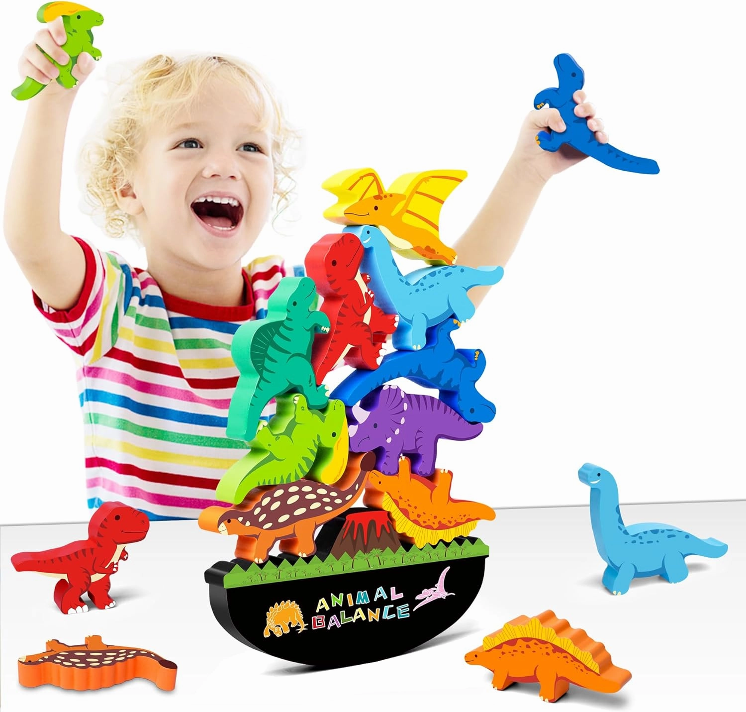 Montessori Dinosaur Stacking Toy for Boys 2-4: Wooden Balancing Blocks