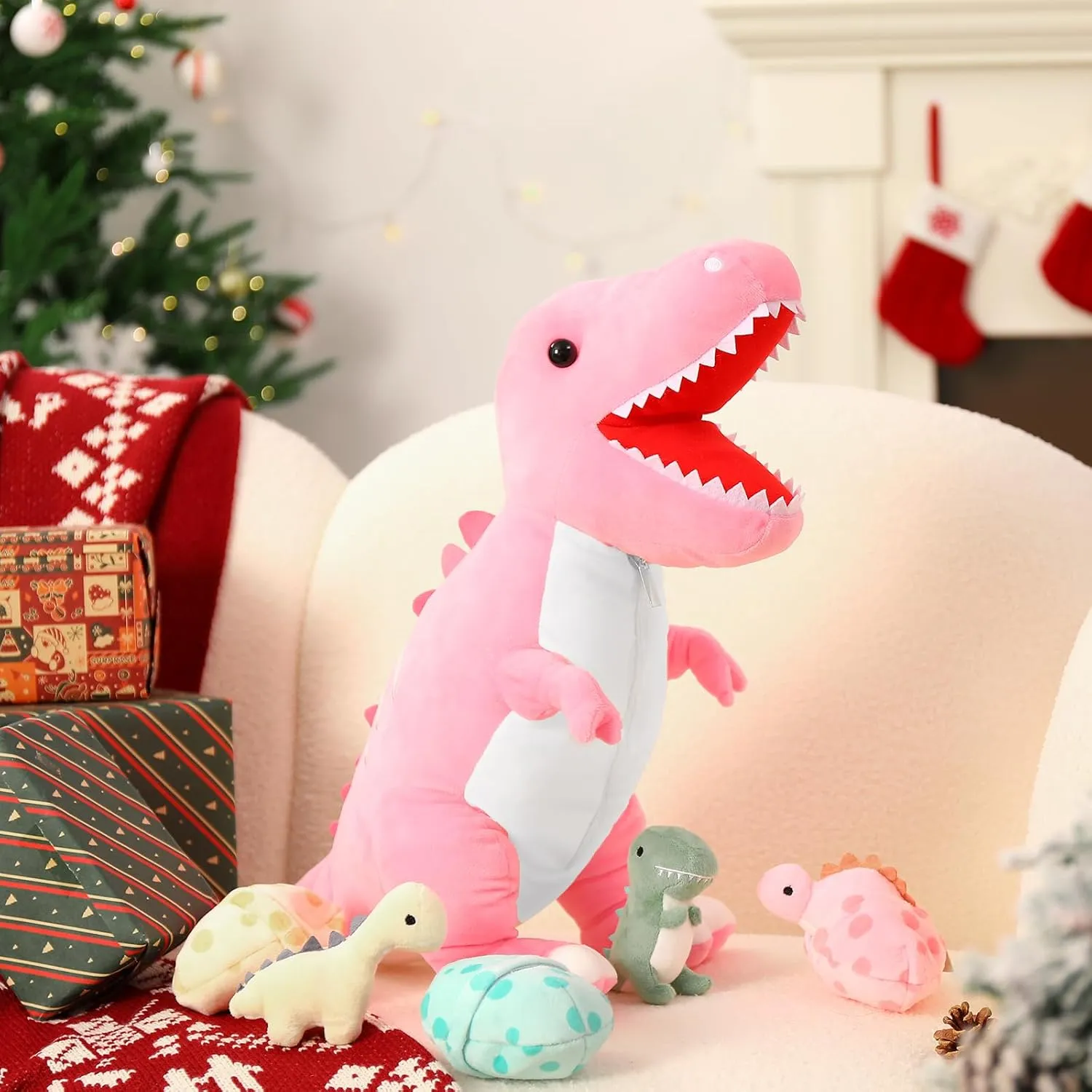 MorisMos Dinosaur Stuffed Animal with Babies,23.6'' Big Mommy Stuffed Dino T-rex with 3 Baby Dino Stuffed Toys & 3 Eggs Plush Inside Belly, Boy Girl Dinosaur Toys for Kids 3-5, Pink T-rex Toys Gift