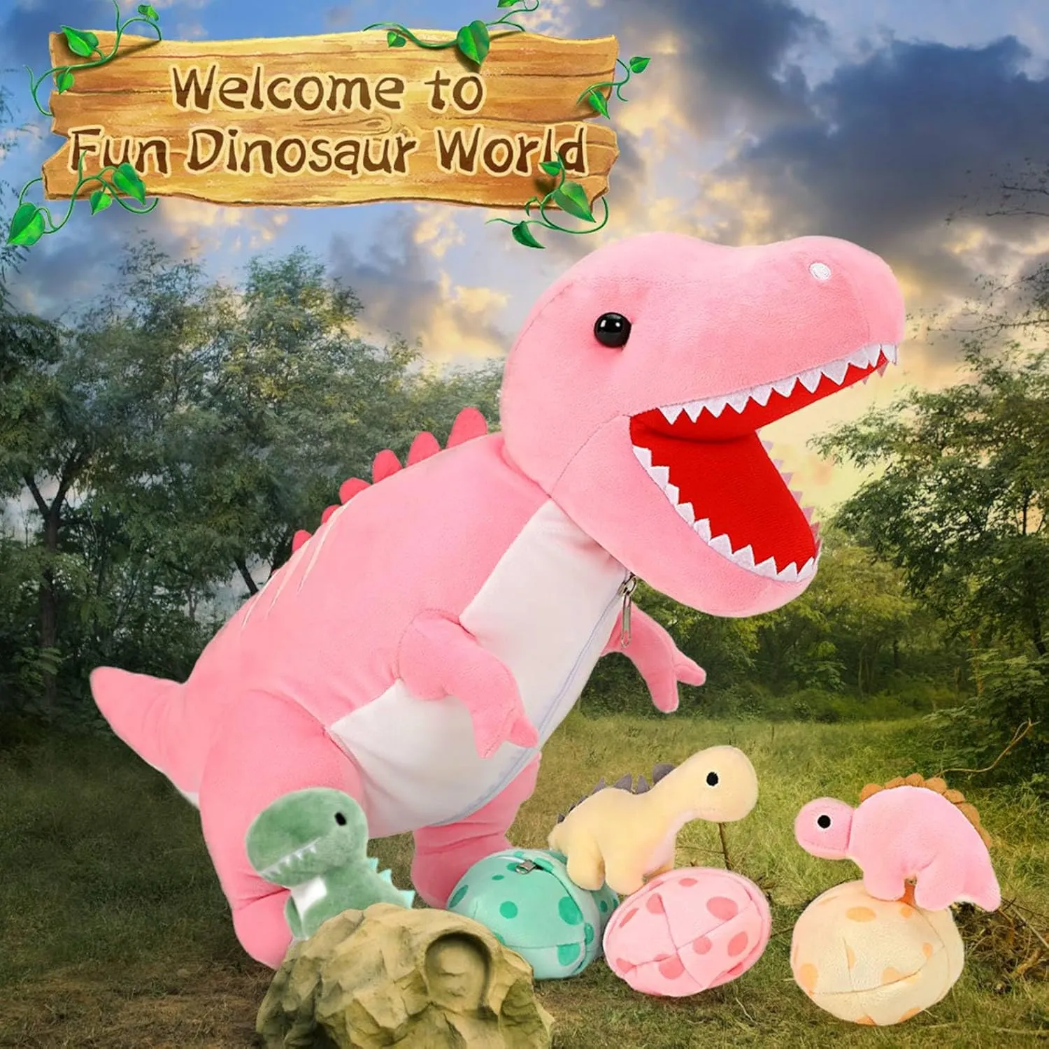 MorisMos Dinosaur Stuffed Animal with Babies,23.6'' Big Mommy Stuffed Dino T-rex with 3 Baby Dino Stuffed Toys & 3 Eggs Plush Inside Belly, Boy Girl Dinosaur Toys for Kids 3-5, Pink T-rex Toys Gift