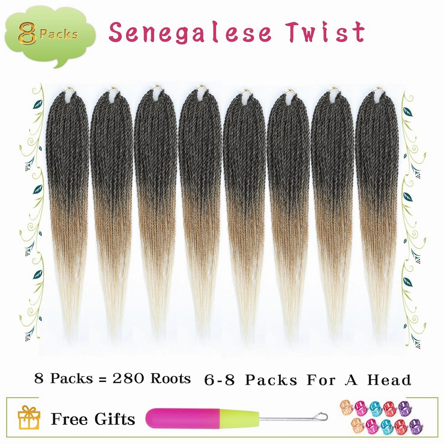MOSINA Senegalese Twist Crochet Hair 18 Inch Ombre Crochet Twist 8 Packs Straight Crochet Braid Synthetic Professional Braiding Hair Hot Water Setting 35 Strands/Pack (18 Inch, 1B/27/613)