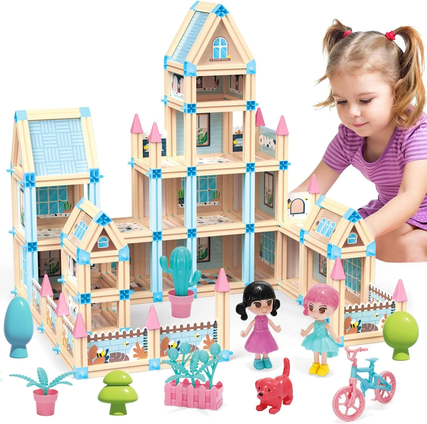 Mostop Dream Doll House for Girls - 342 Pieces Dollhouse with Exquisite Accessories - 3D Princess Castle Villa Doll House Building Toys with Light - Design and Build Gift for 3-8 Year Old Girls