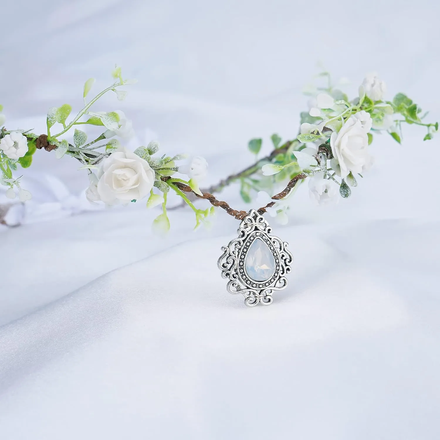 MOSTORY Woodland Fairy Flower Crown Girl - Floral Elf Headpiece with Crystal V-shape Elven Tiara Handmade for Women Bridal Variable Size Wreath Headband for Cosplay Halloween Christmas Party Wedding