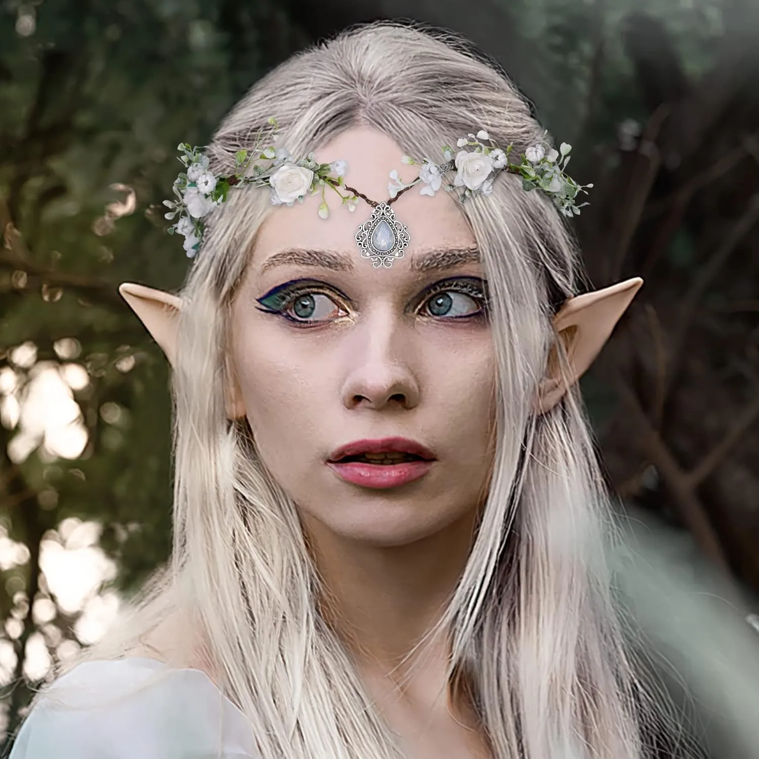 MOSTORY Woodland Fairy Flower Crown Girl - Floral Elf Headpiece with Crystal V-shape Elven Tiara Handmade for Women Bridal Variable Size Wreath Headband for Cosplay Halloween Christmas Party Wedding