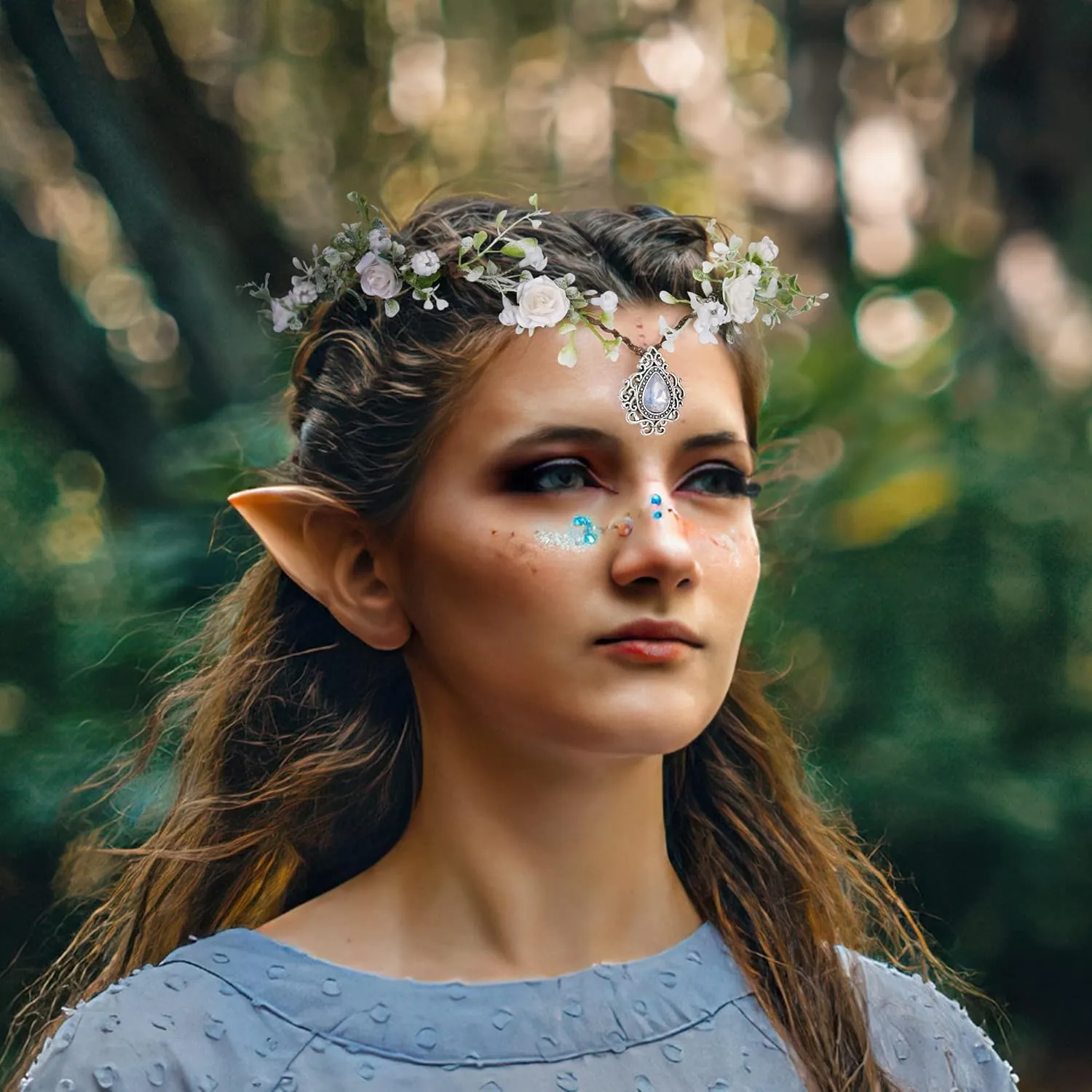 MOSTORY Woodland Fairy Flower Crown Girl - Floral Elf Headpiece with Crystal V-shape Elven Tiara Handmade for Women Bridal Variable Size Wreath Headband for Cosplay Halloween Christmas Party Wedding