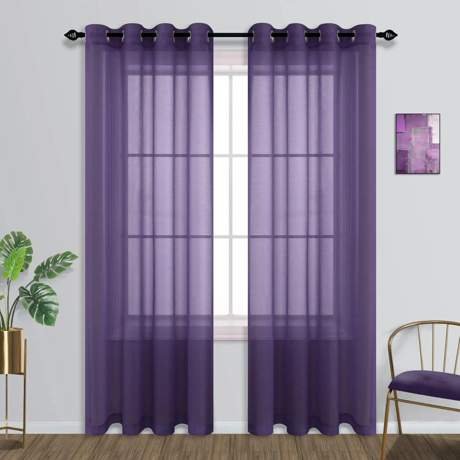 Mrs.Naturall Royal Purple Room Decor Set of 2 Grommet Transparent Voile Sheer Curtains for Living Room Kids Girls Bedroom 84 Inch Length Women Decorations Violet Plum Dark Purple