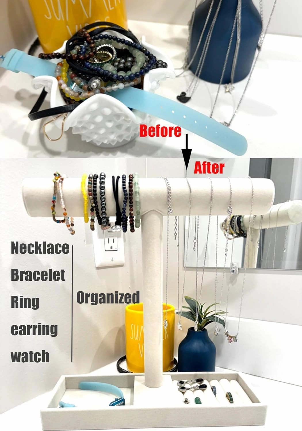 Multi-Use Jewelry Holder Stand, Necklace Bracelet Ring Organizer Stand, Scrunchie Watches Velvet Jewelry Holder Stand With Tray for Women Home Use(Beige Color)