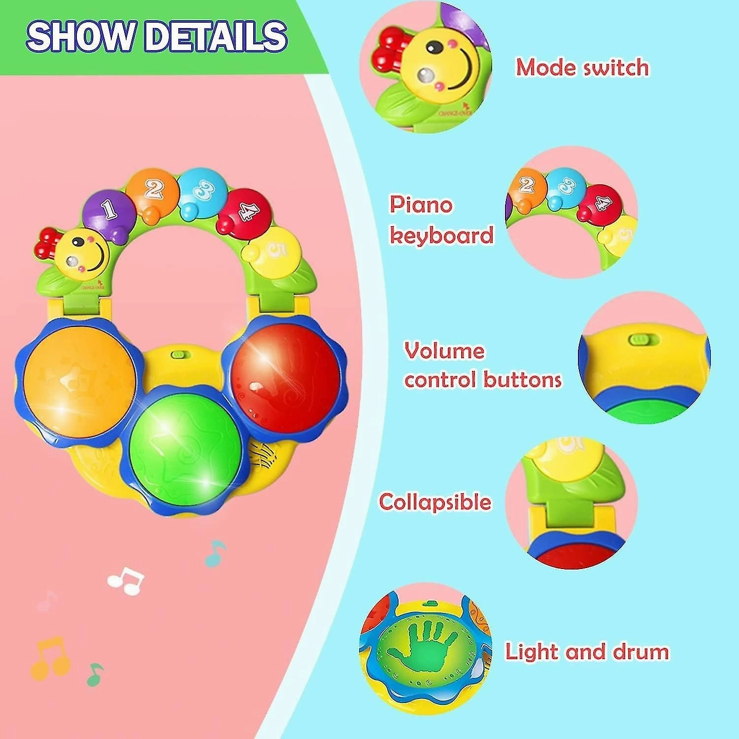 Music Toy Portable Musical Drums Piano Musical Instrument Baby Toys 6 To 12 Mon