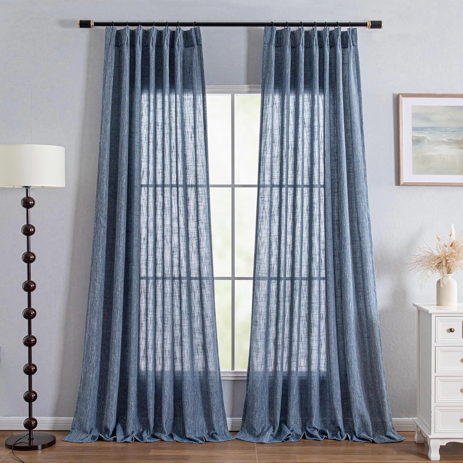 MYSKY HOME Dusty Blue Curtains 84 Inches Long for Bedroom, Pinch Pleated Semi Sheer Soft Cotton Window Curtains Set for Living Room Back Tab Drapes Country Curtain, 40" x 84", Dusty Blue, 2 Panels