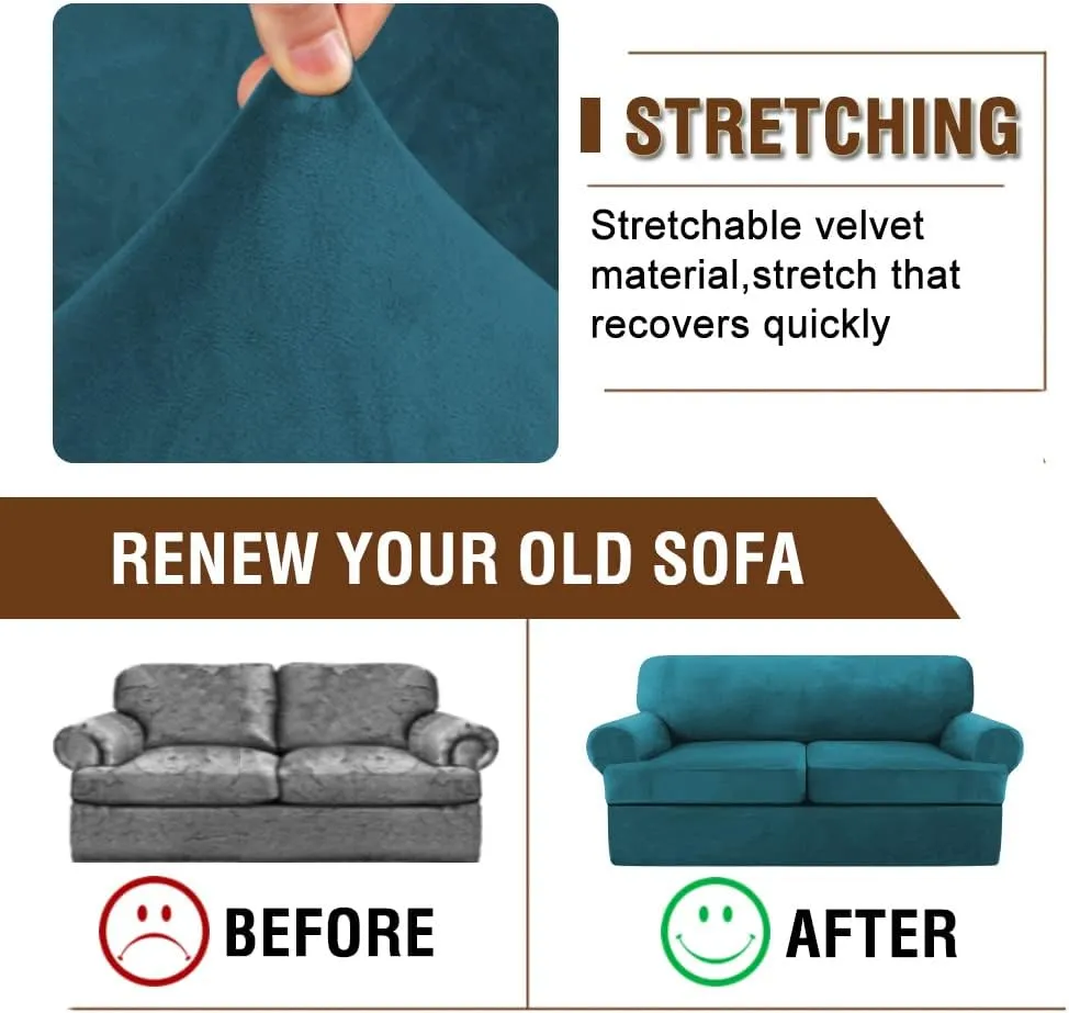 NA Velvet T Cushion Sofa Slipcover 2 Pieces Sofa Covers for T Cushion Sofa Soft Couch Cover Sofa Slip Covers Furniture Protector with 1 Individual T Cushion Shape Seat (Deep Teal, Chair)