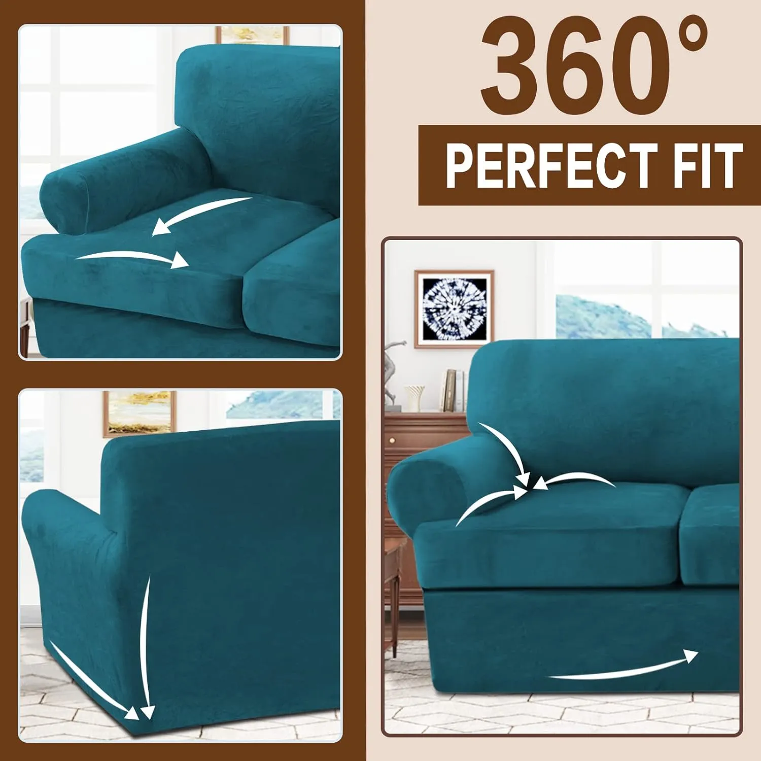 NA Velvet T Cushion Sofa Slipcover 2 Pieces Sofa Covers for T Cushion Sofa Soft Couch Cover Sofa Slip Covers Furniture Protector with 1 Individual T Cushion Shape Seat (Deep Teal, Chair)
