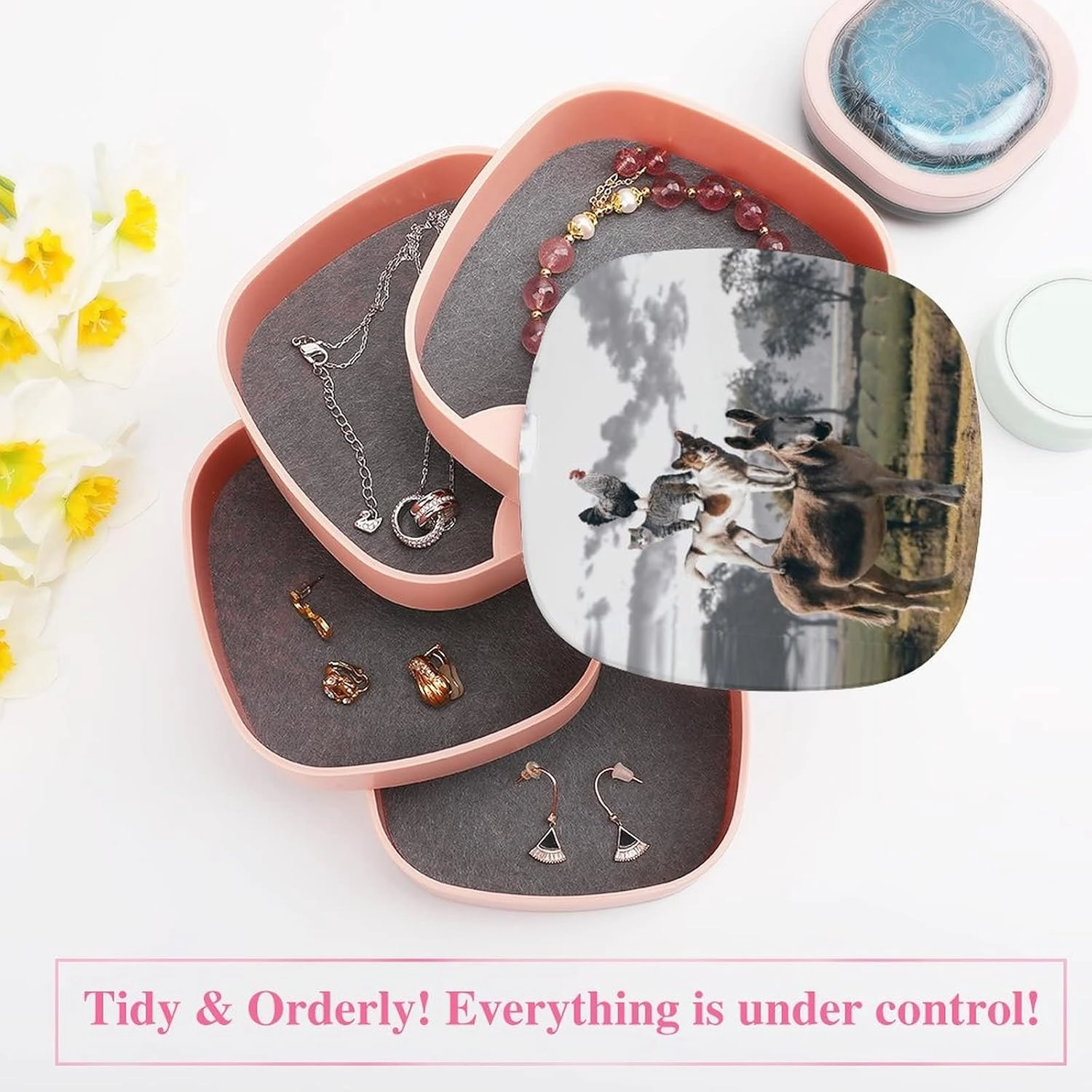 Natural Countryside View Dog Cat Rooster Donkey Farm Animal Women Jewelry Box with Mirror, Storage Bag Case for Rings, Necklaces, Bracelets, 360 Degree Rotating 4-layer Tray with Lid