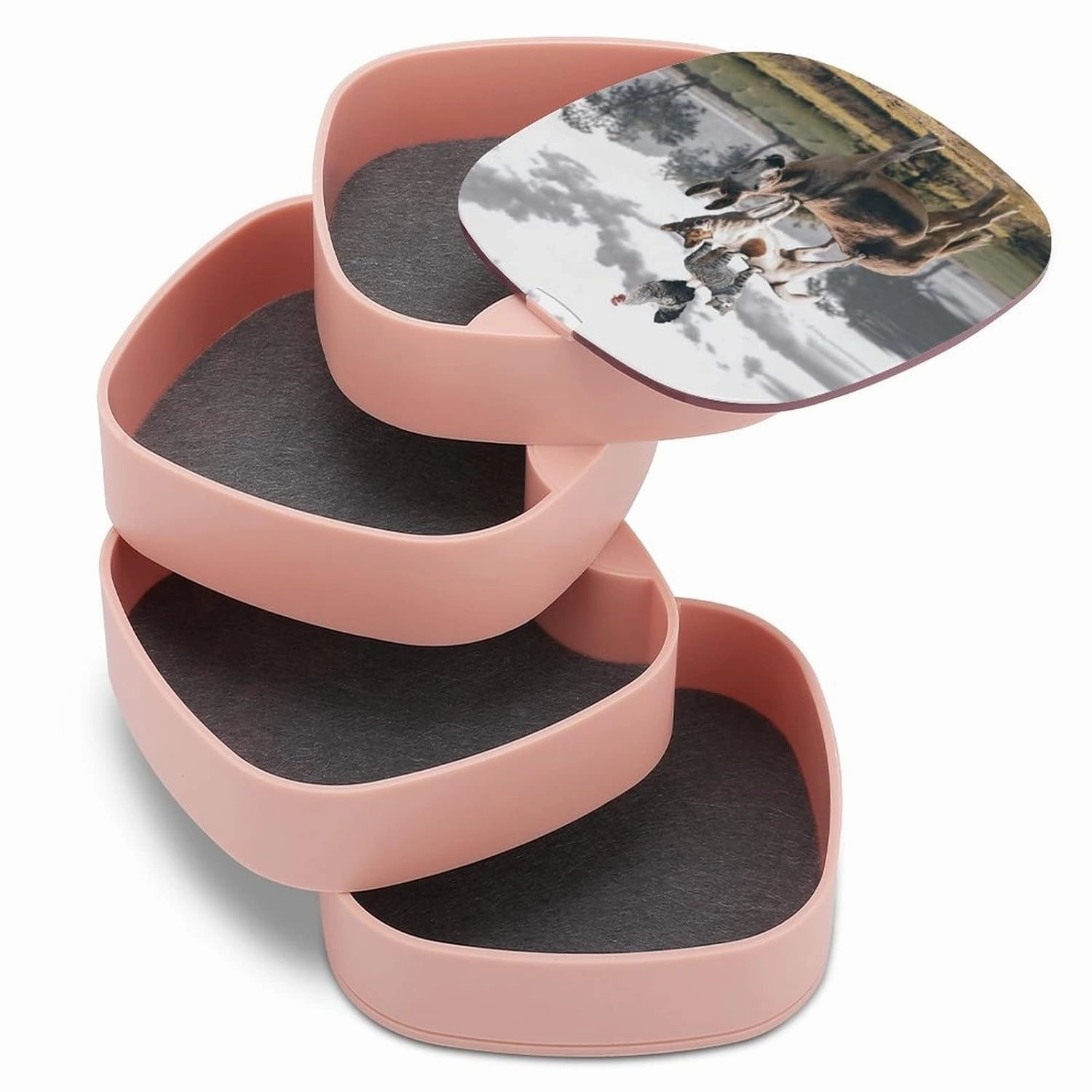 Natural Countryside View Dog Cat Rooster Donkey Farm Animal Women Jewelry Box with Mirror, Storage Bag Case for Rings, Necklaces, Bracelets, 360 Degree Rotating 4-layer Tray with Lid