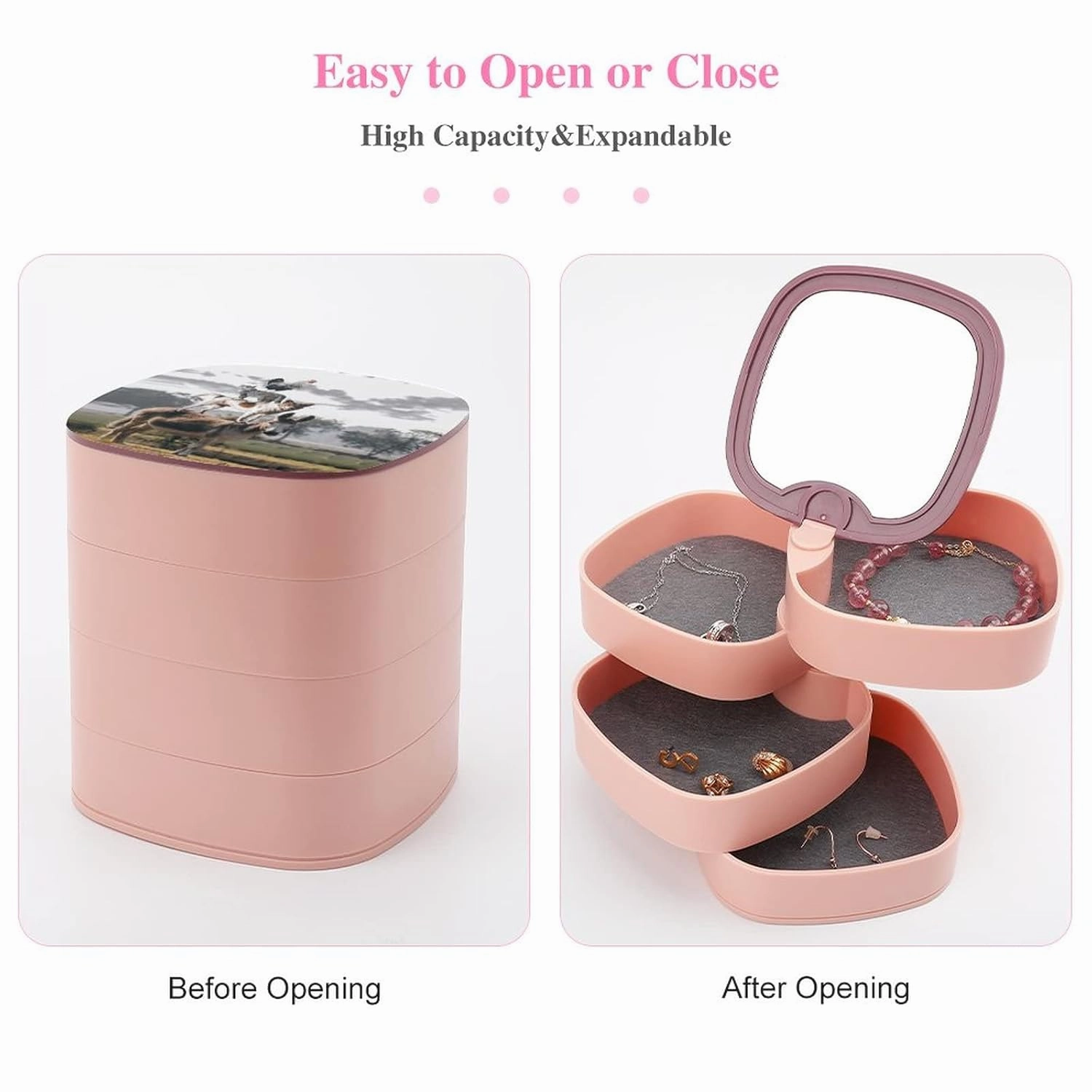Natural Countryside View Dog Cat Rooster Donkey Farm Animal Women Jewelry Box with Mirror, Storage Bag Case for Rings, Necklaces, Bracelets, 360 Degree Rotating 4-layer Tray with Lid