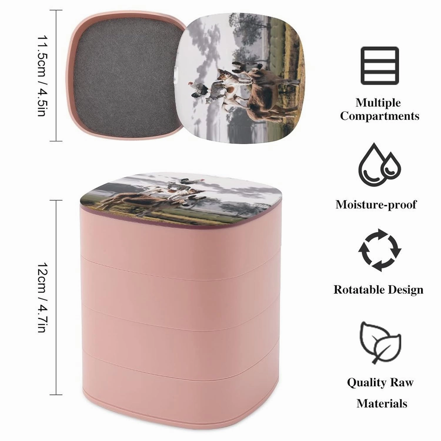Natural Countryside View Dog Cat Rooster Donkey Farm Animal Women Jewelry Box with Mirror, Storage Bag Case for Rings, Necklaces, Bracelets, 360 Degree Rotating 4-layer Tray with Lid