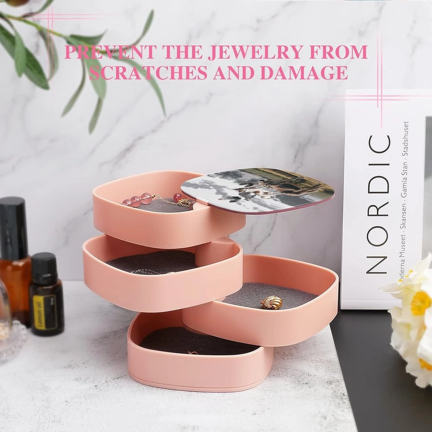 Natural Countryside View Dog Cat Rooster Donkey Farm Animal Women Jewelry Box with Mirror, Storage Bag Case for Rings, Necklaces, Bracelets, 360 Degree Rotating 4-layer Tray with Lid