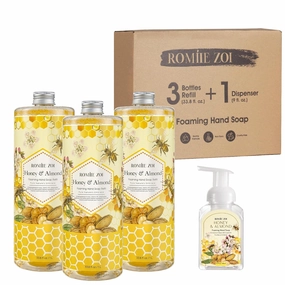 Natural Honey & Almond Scented Foaming Hand Soap Refill Gift Set - 3 Pack with Dispenser, Non-Toxic and Biodegradable Formula, Moisturizing Essential Oils for Sensitive Skin (33.8 Fl Oz x 3)