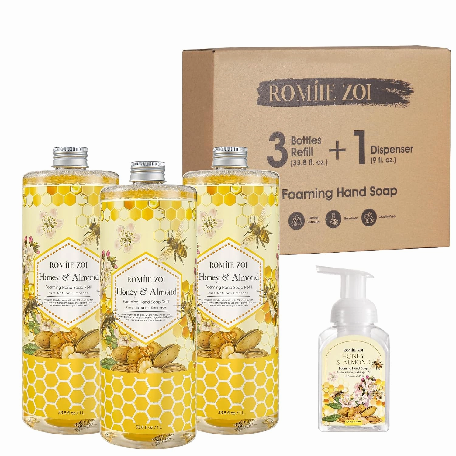 Natural Honey & Almond Scented Foaming Hand Soap Refill Gift Set - 3 Pack with Dispenser, Non-Toxic and Biodegradable Formula, Moisturizing Essential Oils for Sensitive Skin (33.8 Fl Oz x 3)