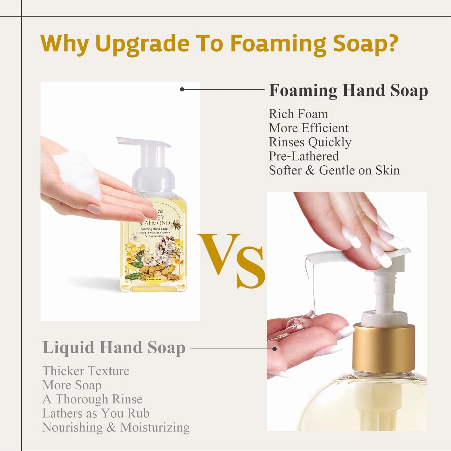 Natural Honey & Almond Scented Foaming Hand Soap Refill Gift Set - 3 Pack with Dispenser, Non-Toxic and Biodegradable Formula, Moisturizing Essential Oils for Sensitive Skin (33.8 Fl Oz x 3)