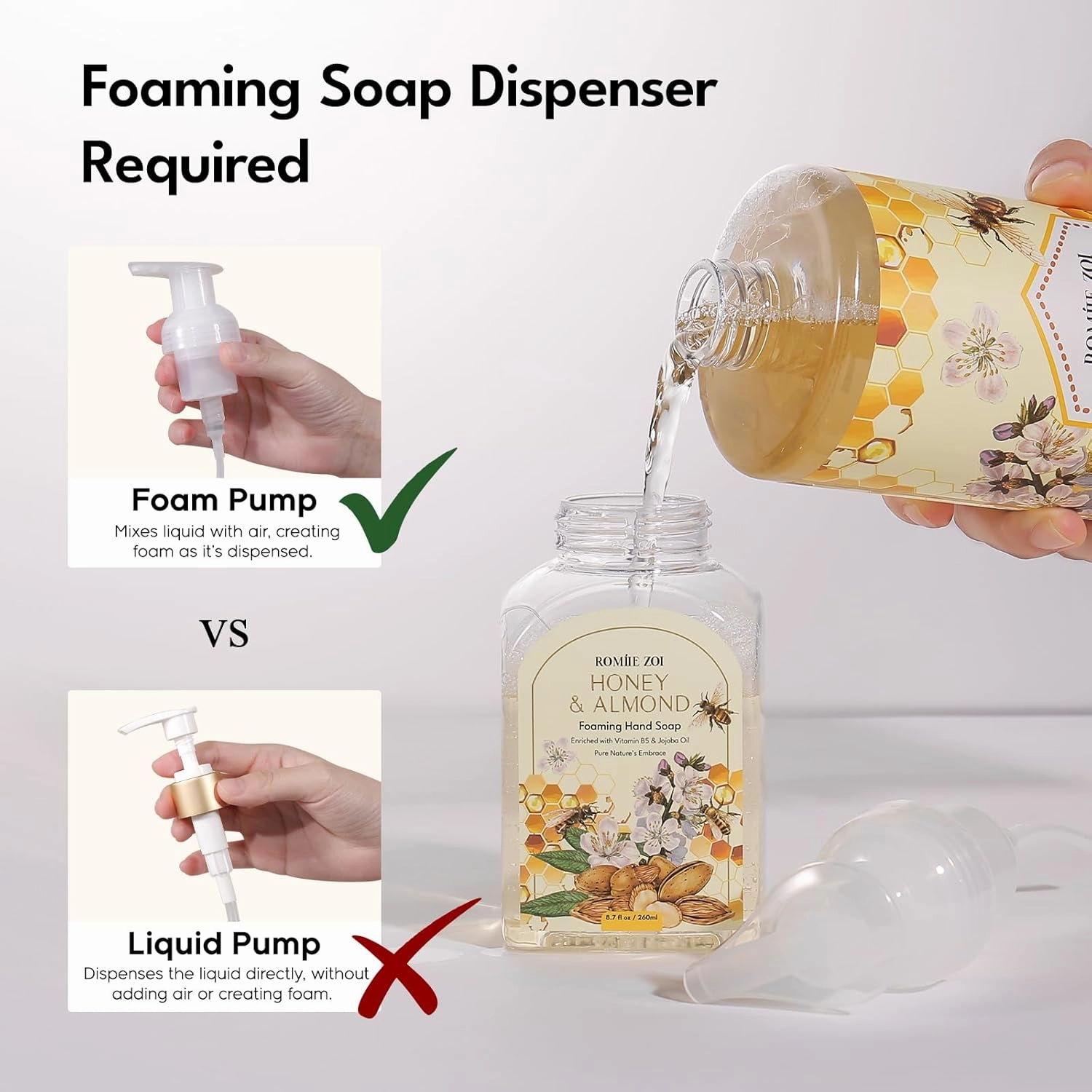 Natural Honey & Almond Scented Foaming Hand Soap Refill Gift Set - 3 Pack with Dispenser, Non-Toxic and Biodegradable Formula, Moisturizing Essential Oils for Sensitive Skin (33.8 Fl Oz x 3)