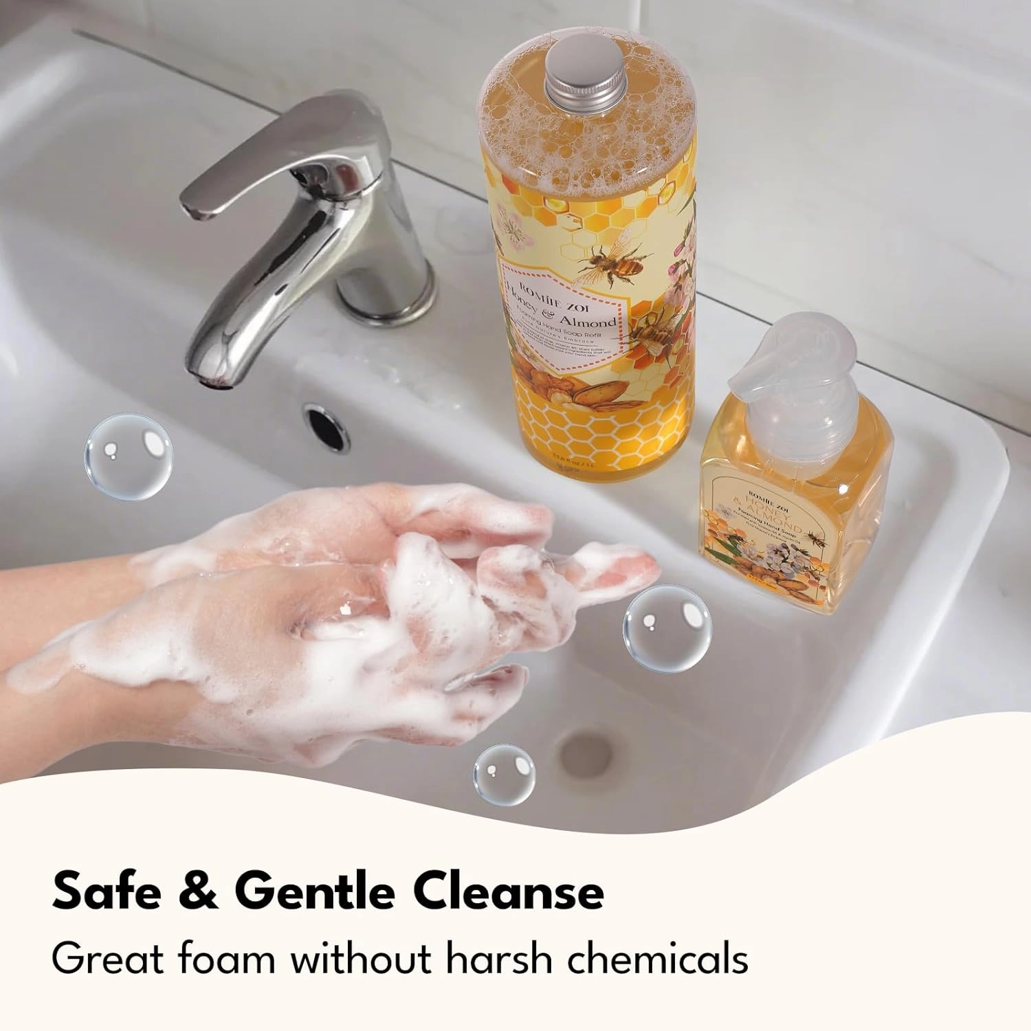 Natural Honey & Almond Scented Foaming Hand Soap Refill Gift Set - 3 Pack with Dispenser, Non-Toxic and Biodegradable Formula, Moisturizing Essential Oils for Sensitive Skin (33.8 Fl Oz x 3)