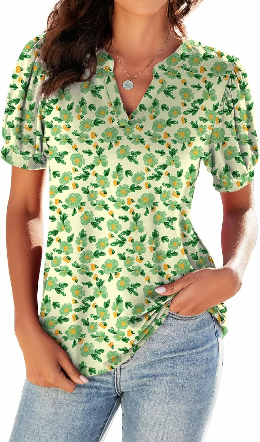 Neineiwu Women Dressy Casual V-Neck T-Shirts Loose Puff Short-Sleeve Tops Tunic Blouse