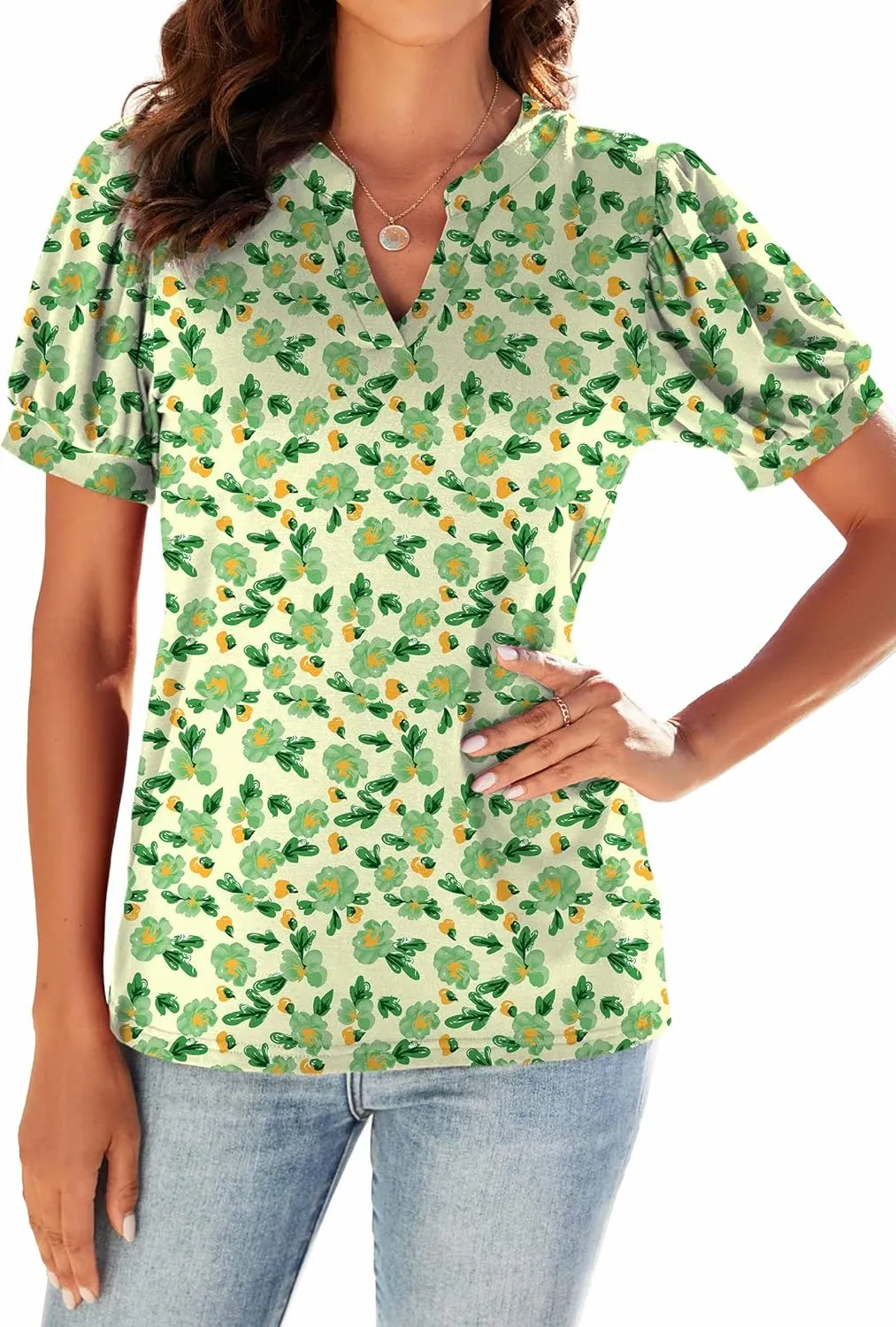 Neineiwu Women Dressy Casual V-Neck T-Shirts Loose Puff Short-Sleeve Tops Tunic Blouse