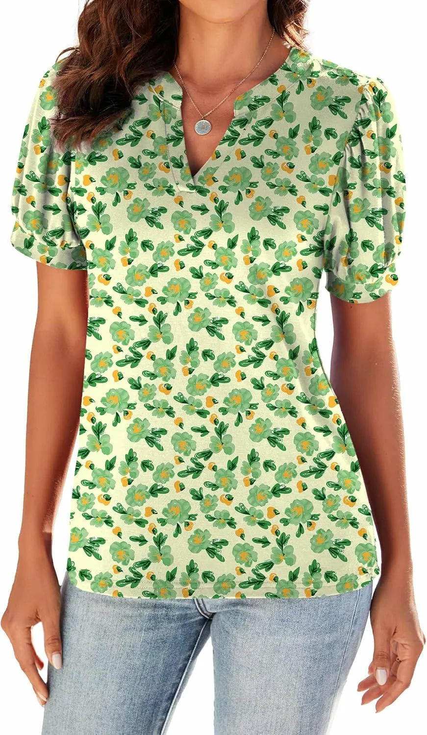 Neineiwu Women Dressy Casual V-Neck T-Shirts Loose Puff Short-Sleeve Tops Tunic Blouse