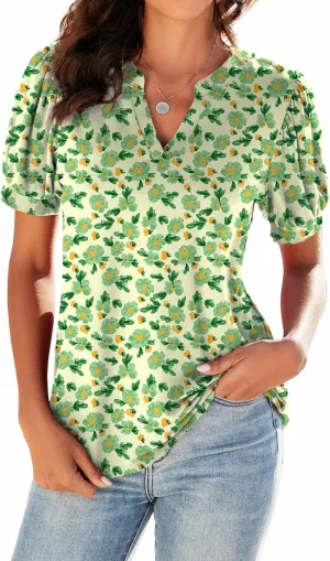 Neineiwu Women Dressy Casual V-Neck T-Shirts Loose Puff Short-Sleeve Tops Tunic Blouse