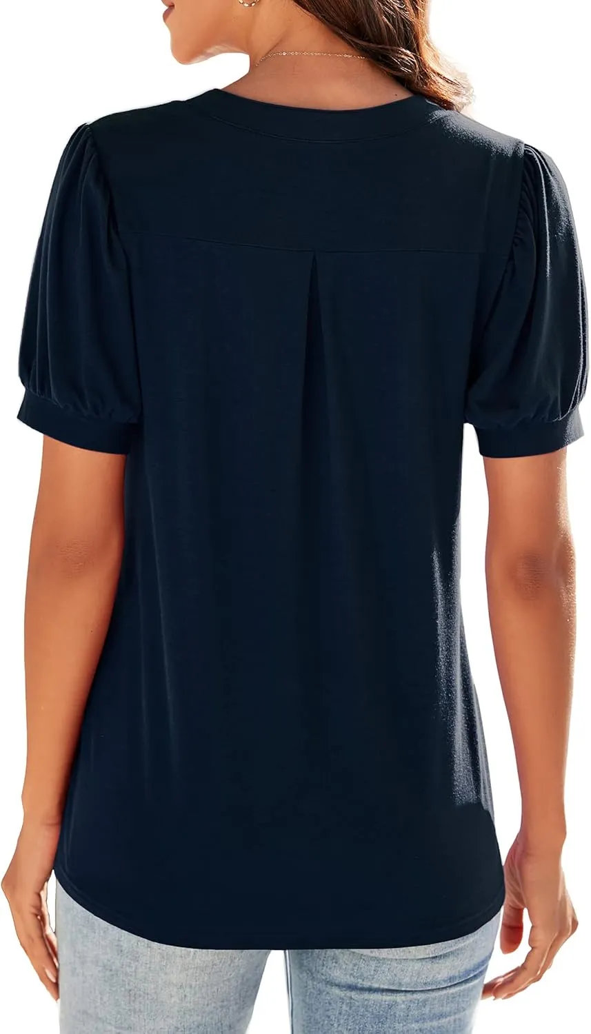 Neineiwu Women Dressy Casual V-Neck T-Shirts Loose Puff Short-Sleeve Tops Tunic Blouse