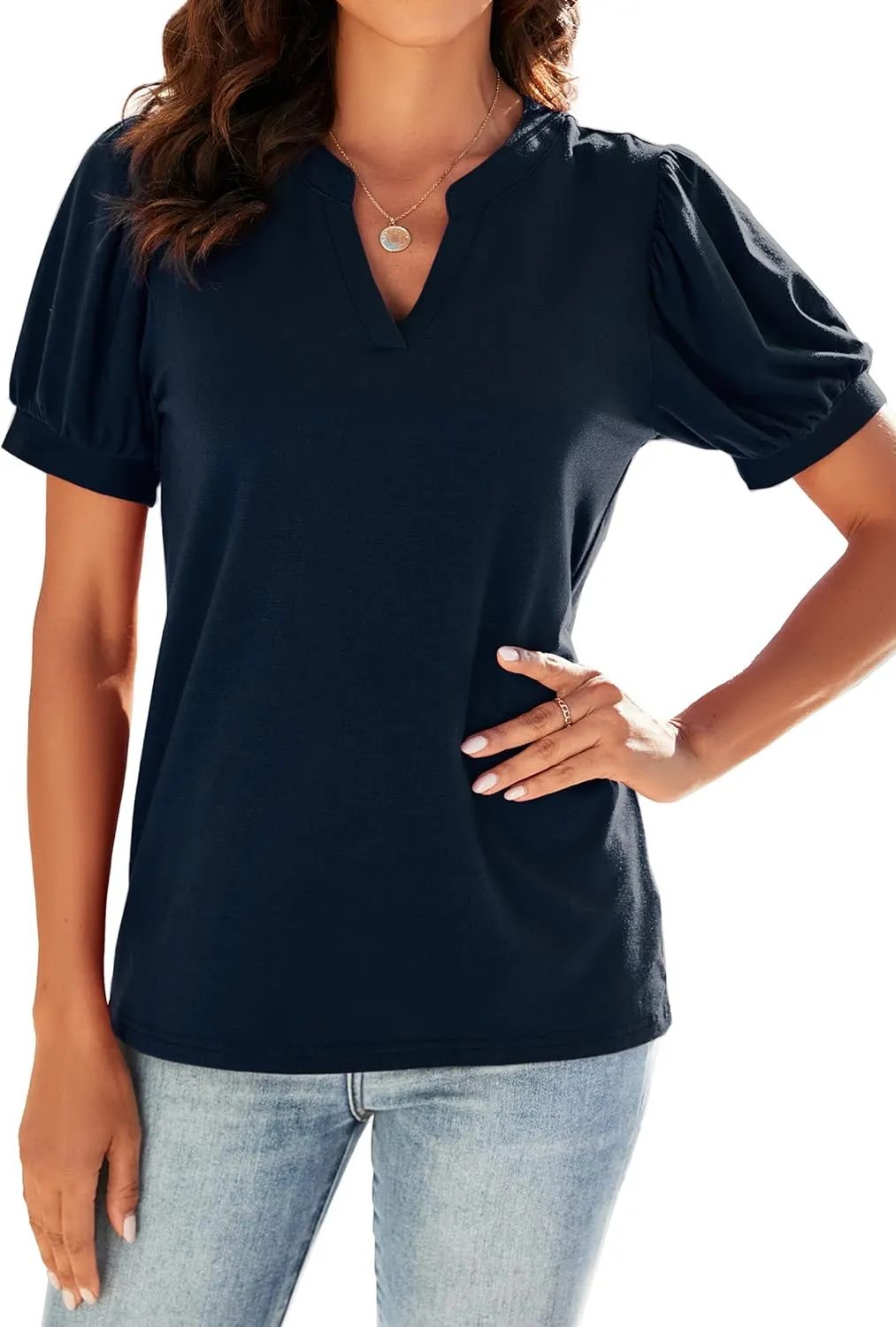 Neineiwu Women Dressy Casual V-Neck T-Shirts Loose Puff Short-Sleeve Tops Tunic Blouse
