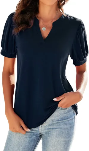 Neineiwu Women Dressy Casual V-Neck T-Shirts Loose Puff Short-Sleeve Tops Tunic Blouse