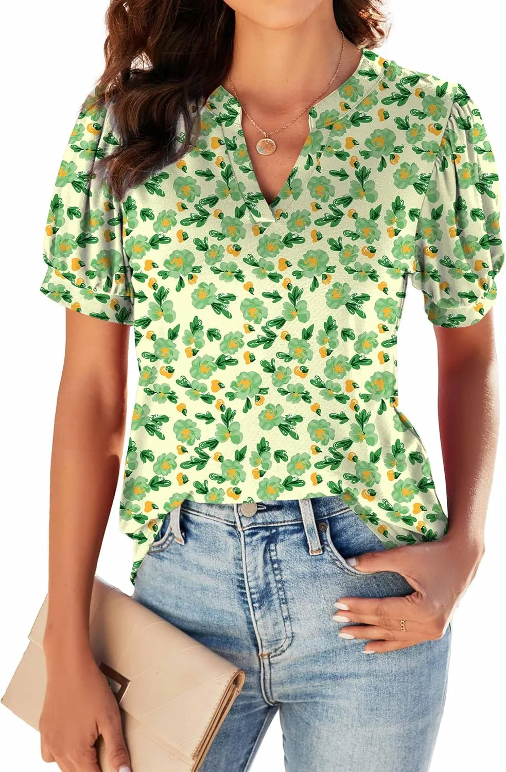 Neineiwu Women Dressy Casual V-Neck T-Shirts Loose Puff Short-Sleeve Tops Tunic Blouse