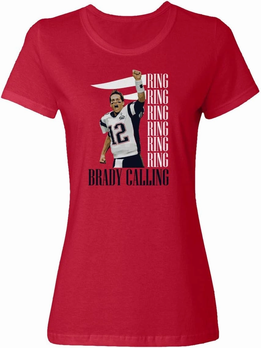 New England Fans Brady SB 6 Rings Goat Ladies Crewneck T-Shirt (Red, Small)